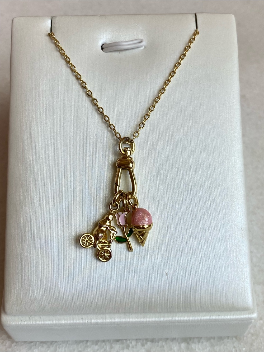 NWOT Gold-filled Pink Ice Cream & Bear & Tulip Charm Necklace